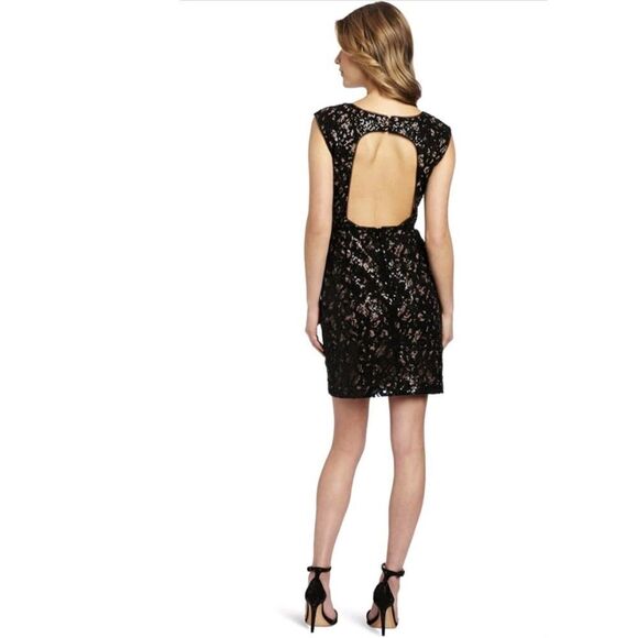 BCBGMaxAzria Kaya Black Burnout Sequin V Neck Open Back Cocktail Evening Dress 4 - Picture 2 of 11
